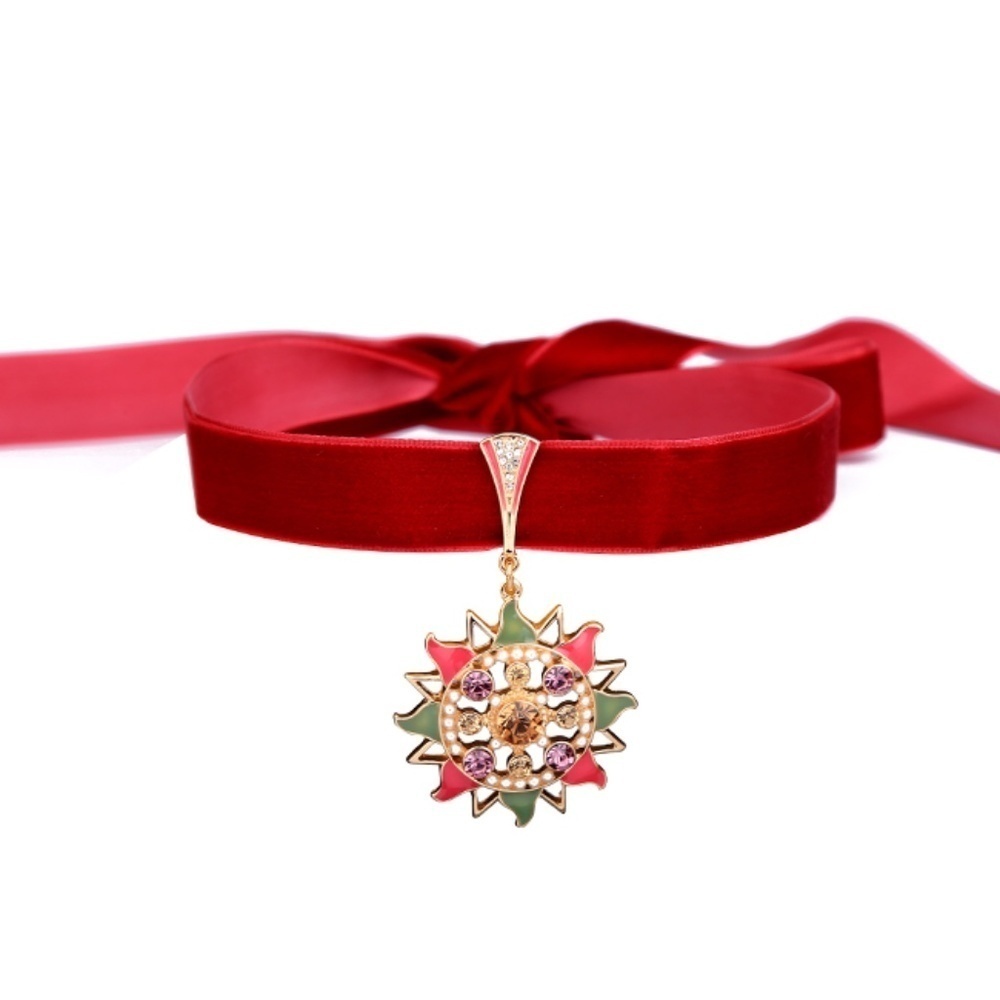 Red Velvet Choker Multi Colored Sun Necklace